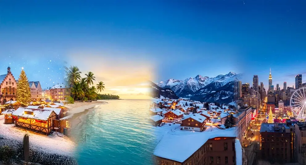Best places to visit in December 2026 featuring Aspen Colorado skiing, Lapland Northern Lights, and Dubai perfect weather