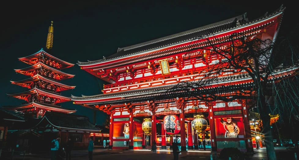 Tokyo metropolitan skyline blending traditional Japanese temples with futuristic skyscrapers, neon lights and bustling urban energy